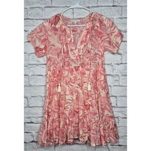 OLIVACEOUS Pink Tropical Toile Floral Tiered Mini Dress Cotton Tassel Boho Med.